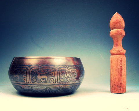 Vintage Tibetan Brass Chakra Large Singing Bowl Meditation Gong with wooden striker.