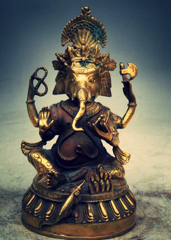 11" Authentic Tibetan Buddhist Brass Lord Ganesha Statue (Cast bronze)